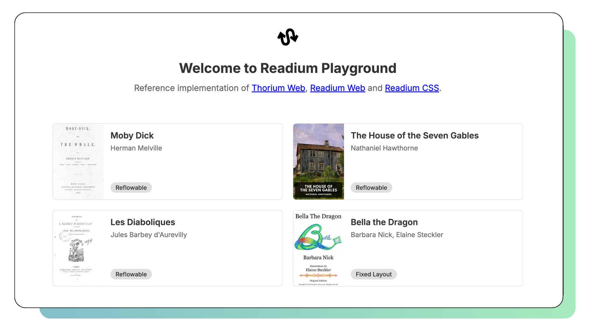 The Readium Playground is our reference implementation for Thorium Web, Readium Web and Readium CSS.