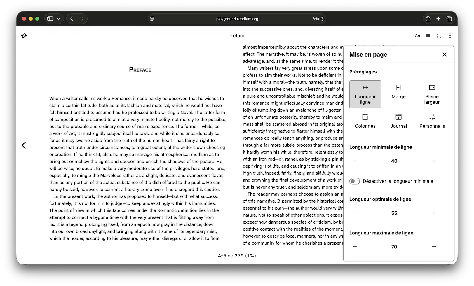 Readium Playground with Layout presets panel open. Line-length is selected, you can see 2 columns of text in the display area. Values are 40 for minimal, 55 for optimal, and 70 for maximal.