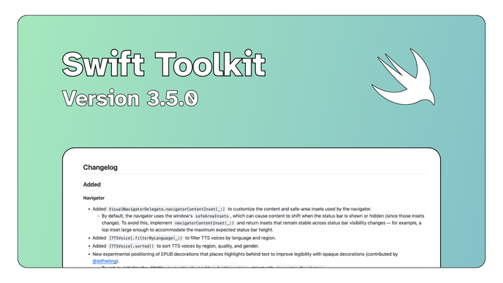 Cover image for the release of version 3.5.0 of the Swift toolkit. It shows the Swift logo and a screenshot of the release notes on GitHub.